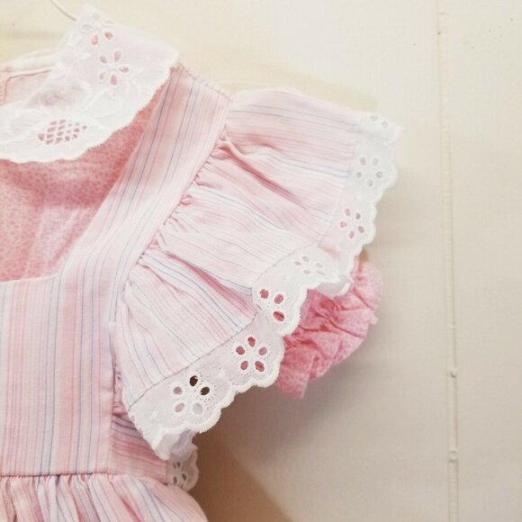 Mini World 2T Pink Stripe Dress Vintage Eyelet Lace 4T Pinafore Prairie Floral - Picture 4 of 8